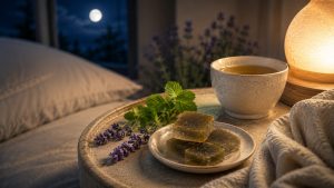 Gummies, herbal tea and a glowing lamp beside a bed at night