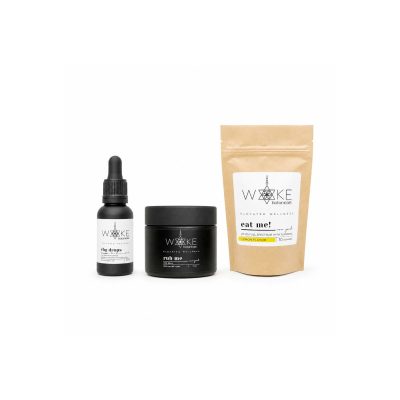 Woke Botanicals pain and recovery product collection on a white background featuring turmeric gummies, CBD pain balm, and CBG tincture.